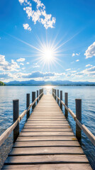Fototapeta premium serene wooden pier extends into tranquil lake, bathed in bright sunlight. clear blue sky and fluffy clouds create picturesque scene, evoking sense of peace and relaxation
