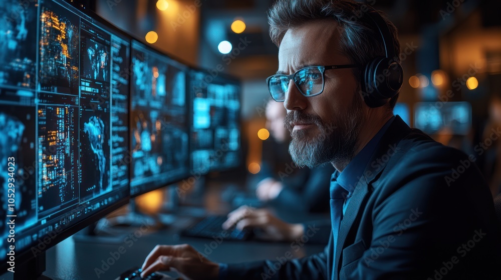 Poster a man in a suit and glasses works on a computer with data displays