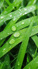Fresh green grass with water droplets glistening in sunlight creates serene and refreshing atmosphere, showcasing natures beauty and vitality