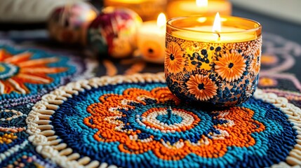 A colorful, decorative scene featuring a vibrant candle on a patterned table mat, creating a warm and inviting atmosphere.