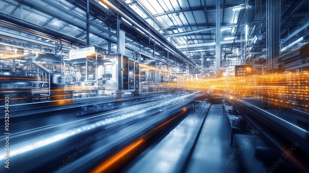 Poster innovative vision of a smart factory integrating advanced technology.