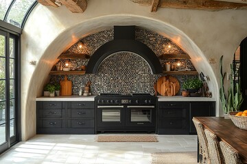 A modern farmhouse kitchen with black cabinets, a large stove, and a unique arched alcove with a tiled backsplash.
