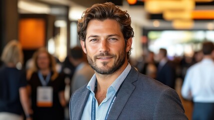 Obraz premium A Man with Brown Hair and a Beard Smiling in a Suit and Blue Striped Shirt at an Event