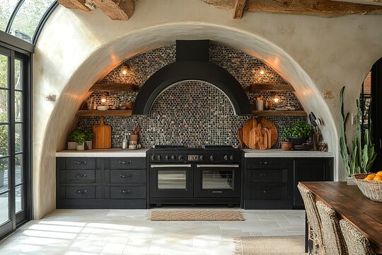 A modern farmhouse kitchen with black cabinets, a large stove, and a unique arched alcove with a tiled backsplash.