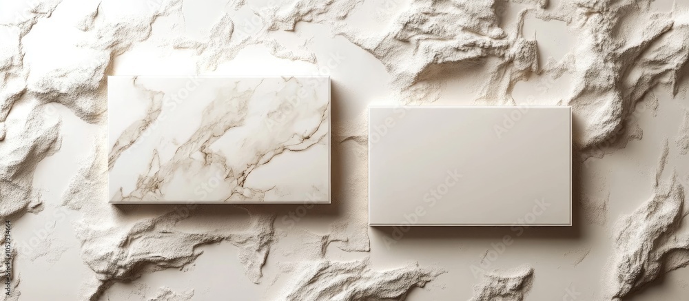 Poster two white rectangular boxes on a white, textured background with marble patterns.