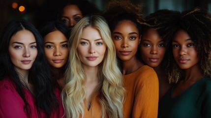 Obraz premium A vibrant gathering of women with diverse backgrounds radiates beauty and confidence. Posing together, they embody inclusivity and celebrate the power of skincare in this captivating campaign.