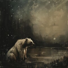 A lone bear sits by a misty lake gazing at the distant moon in a dark and mysterious forest