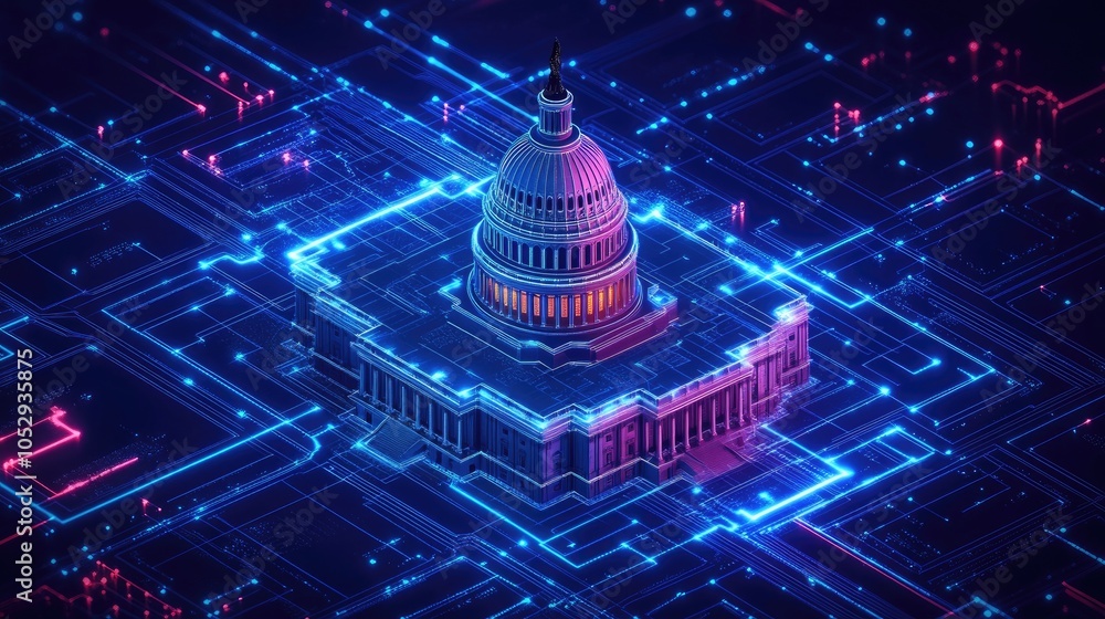 Poster 3d rendering of the us capitol building surrounded by neon circuit boards, symbolizing the intersect