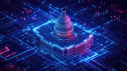 3D rendering of the US Capitol building surrounded by neon circuit boards, symbolizing the intersection of government and technology.