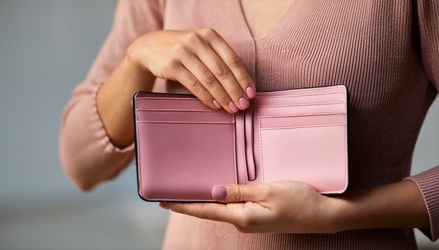 Close up on wallet, Woman opens a pink wallet, revealing empty wallet. The scene captures the act of handling cash, emphasizing personal finance and everyday transactions in a stylish setting