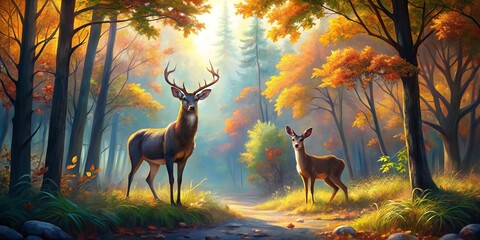Deer Family in the Golden Autumn Forest, digital painting, deer, forest, fall foliage, nature, autumn