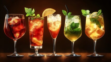 Various drinks served in beautiful glasses, realistic image, genuine images, outdoor