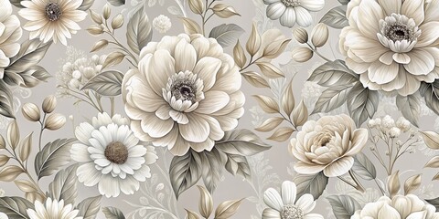 Floral Tapestry Creamy White Flowers with Detailed Foliage on a Soft Grey Background, Floral Wallpaper, Floral Design, Home Decor