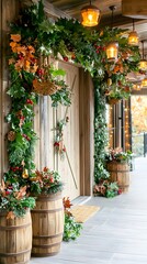 Naklejka premium Rustic Wooden Door with Christmas Decorations.