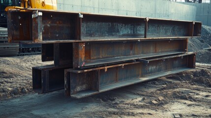 Stacked Steel Beams in Construction Site Setting