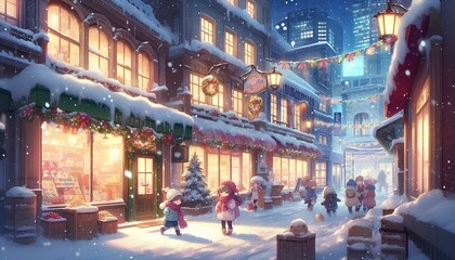Obraz premium Cozy Streets Snowfall and Festive Storefronts in Anime Style