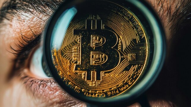 Eye peering through a magnifying lens at crypto price fluctuations