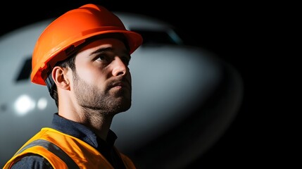 Engineer Adjusting Parts Inside the Fuselage of a Jetliner During Nighttime Repairs Side View of the Face Lit by a Spotlight