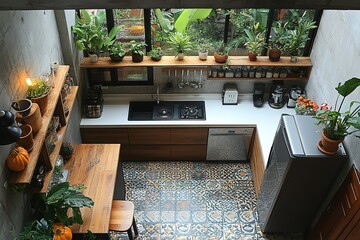 A high-angle view of a modern kitchen with wood and concrete accents, large windows, and lots of green plants.