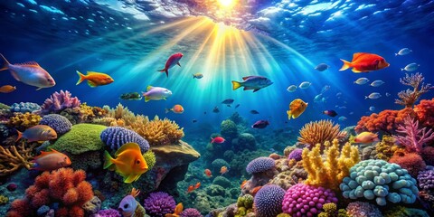 Naklejka premium Underwater Paradise Colorful Fish and Coral Reef, Sunlight Beams, vibrant, underwater, reef, coral, fish