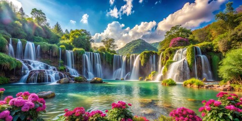 Fototapeta premium Waterfall Paradise Lush Greenery, Cascading Waters, and Vibrant Blooms, waterfall, nature, landscape