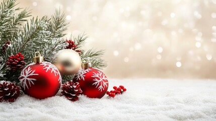 Festive Christmas Ornaments and Snowy Background