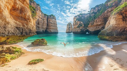 Naklejka premium A secluded beach cove surrounded by towering cliffs, with waves gently washing ashore. The clear, blue-green water sparkles under the midday sun 