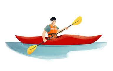 Young man in orange life vest is kayaking © Icons8