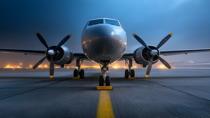 Fototapeta premium Close up side view of an engineer focusing on the propeller system of a propeller airplane during nighttime maintenance illuminated by a portable light