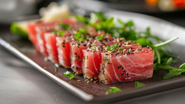 Slices of seared tuna on a black plate with arugula and sesame seeds