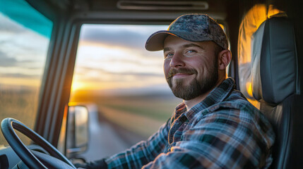 Young smiling Truck driver smiling inside truck cab