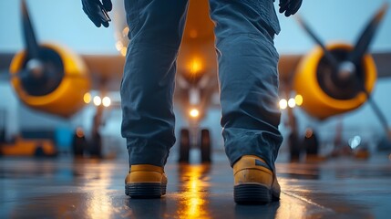 Obraz premium Close up of an engineer s hands meticulously working on repairing the intricate details of a propeller airplane at night utilizing portable lighting to focus on the task at hand