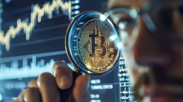 Data analyst hovering a magnifying lens over a cryptocurrency chart