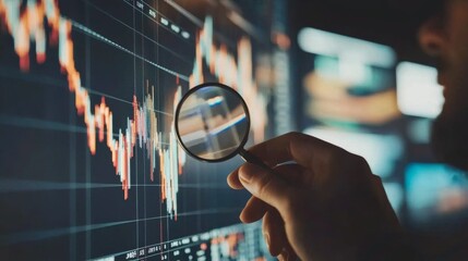 Business person analyzing a large stock graph with a magnifying glass