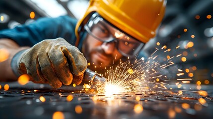Bright intense sparks from welding light up the dim industrial workshop as a welder focuses on fabricating a metal structure