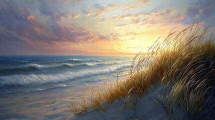 A windswept coastal landscape where tall grass grows along the sandy dunes. The waves are gentle, and the sky is painted with the soft pastels of dawn 
