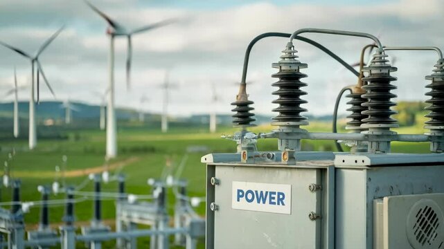 A power transformer in a wind farm, highlighting renewable energy infrastructure.