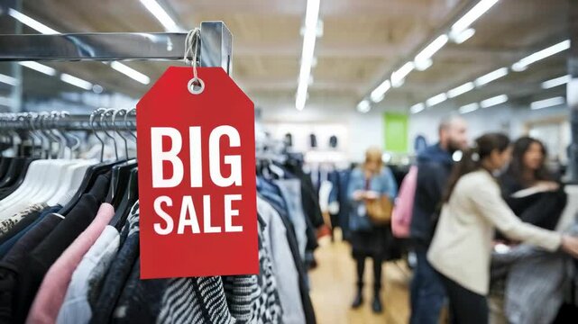 A clothing store display featuring a prominent "BIG SALE" tag among racks of clothes.