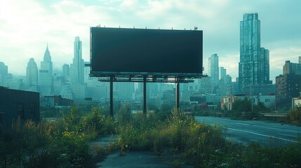 A blank billboard stands tall against a backdrop of a hazy cityscape, showcasing the vast potential for advertising in urban environments.
