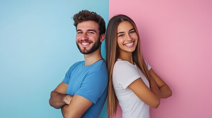 Fototapeta premium Cheerful hsppy man and woman with crossed hands standing back to.