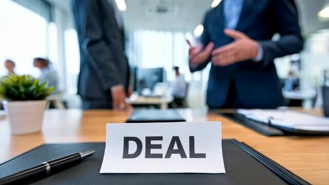 A handshake signifies a business deal, with a focus on a "DEAL" sign on a desk.