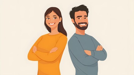 Fototapeta premium Cheerful hsppy man and woman with crossed hands standing back to.