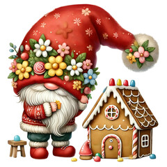 Christmas Gnome with Gingerbread House and Floral Hat
