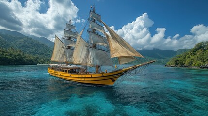Obraz premium A Yellow Sailboat Sailing Through Calm Blue Waters