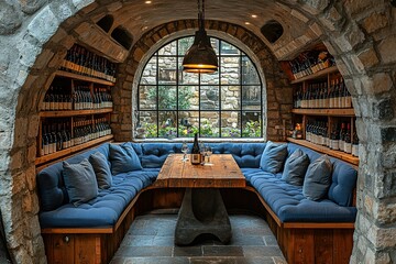 A cozy, rustic wine cellar with a circular blue couch, a rustic wooden table, and walls lined with wine bottles.
