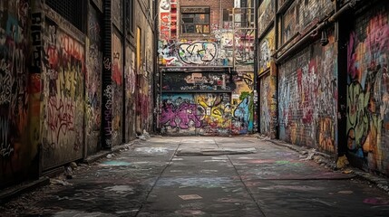Fototapeta premium Urban alleyway showcasing vibrant graffiti art.