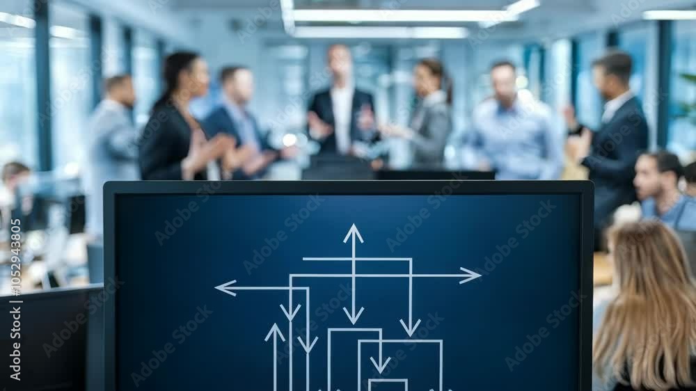 Poster office scene with a computer displaying a flowchart and people networking in the background.