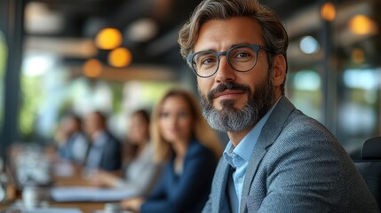 Fototapeta premium Portrait of a Confident Middle-Aged Man Wearing Glasses and a Suit