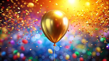 Obraz premium A radiant golden balloon floats amidst a whirlwind of confetti, its shiny surface reflecting the vibrant hues of the surrounding celebration.