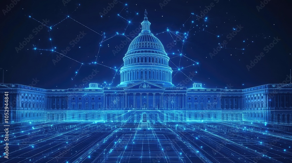 Poster a digital rendering of the us capitol building, with lines of data connecting the building to the ou